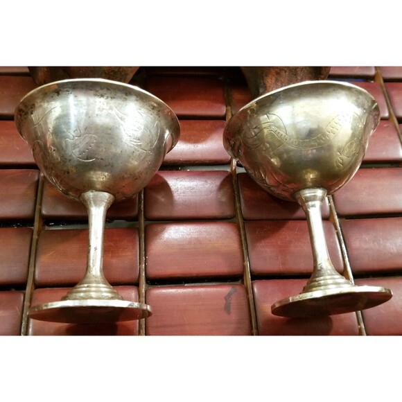 Vintage Pair of Silver Plated Copper Goblets w/ Hand Etched Dragon Motif - Picture 4 of 7